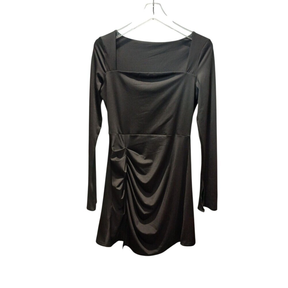 Womens Black Bodycon Dress Size M Long Sleeve Ruched MiniStretch Sexy Club Dress